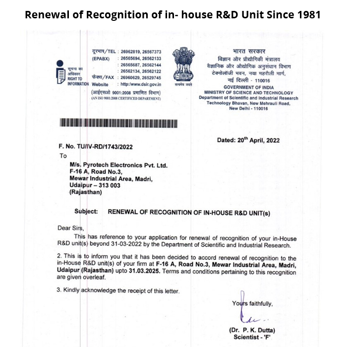 Renewal of Recognition of in- house R&D Unit Since 1981