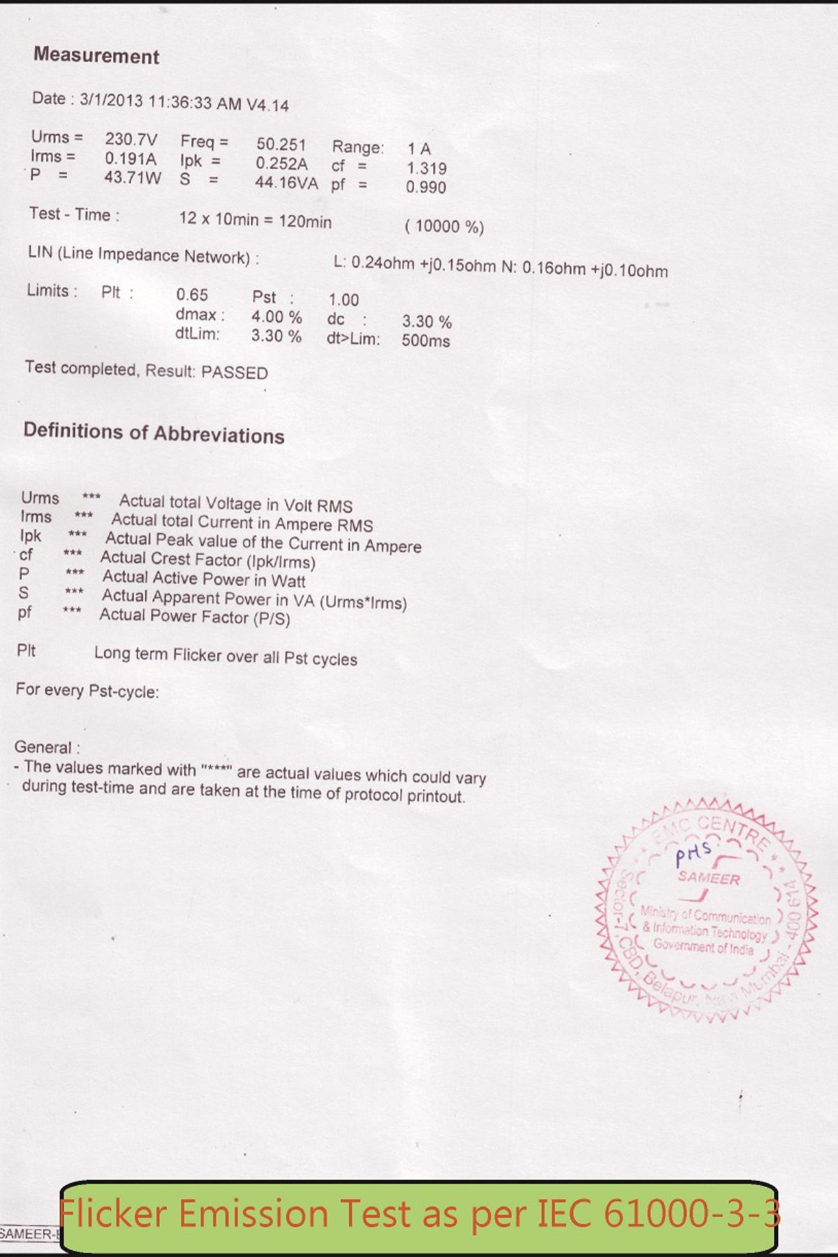 Fliker Emission Test